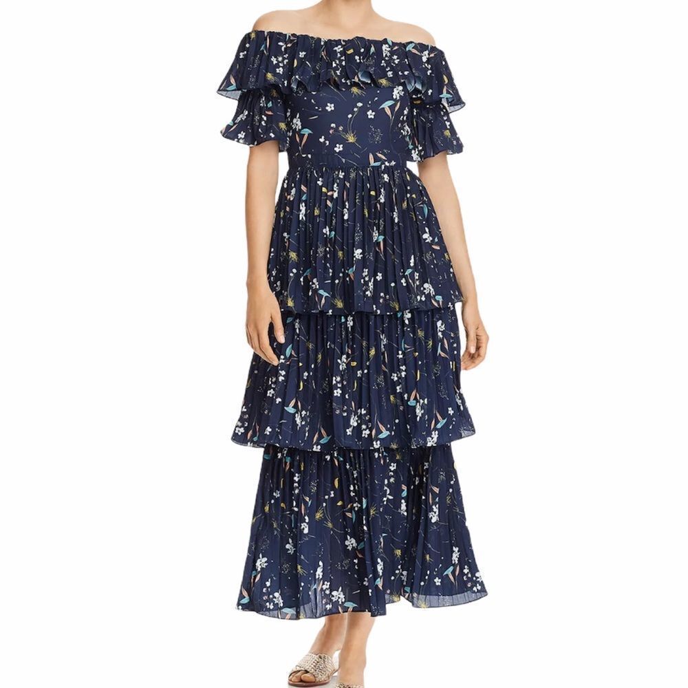 Aqua Blue Pattern Maxi Dress Floral Tiered Off Shoulder Pleated Size Small New